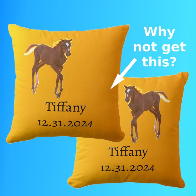 Coussin Cheval Foal Golden Orange Yellow Ajouter Nom Date (Front & Back)