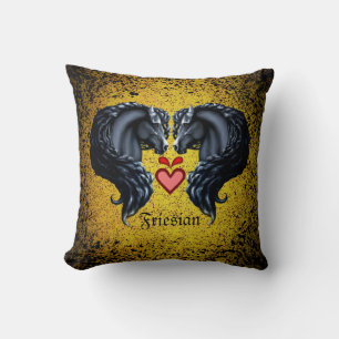 Coussin Cheval friésien/Noir Etalon friésien/Coeur/Or