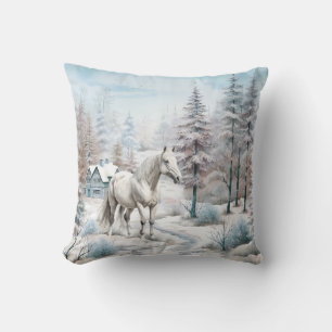 Coussin Cheval hiver scène neige forêt Noël