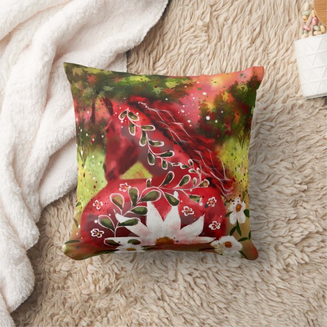 Coussin Cheval marguerrier Art Abstrait Rouge Blanc Vert F (Couverture)