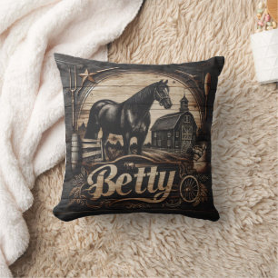 Coussin Cheval noir à la ferme avec le nom Betty