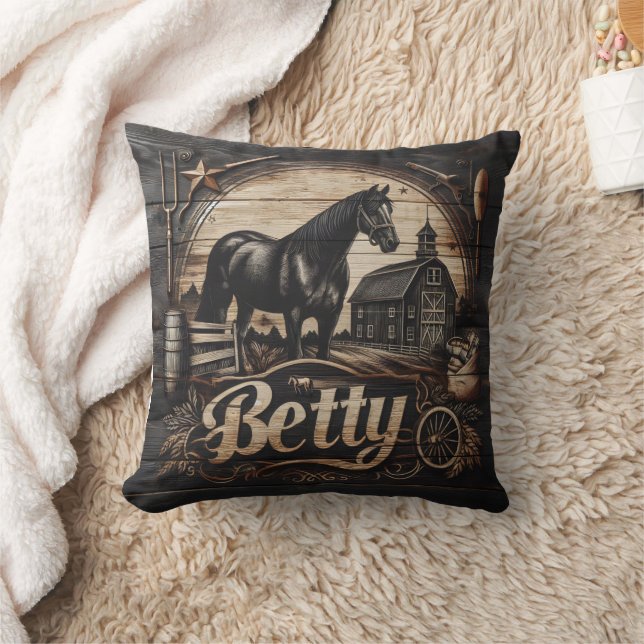 Coussin Cheval noir à la ferme avec le nom Betty (Couverture)