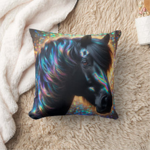 Coussin Cheval noir avec Mane Iridescente