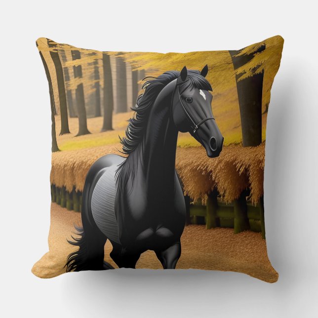 Coussin Cheval noir sur un chemin forestier automnal pitto (Recto)