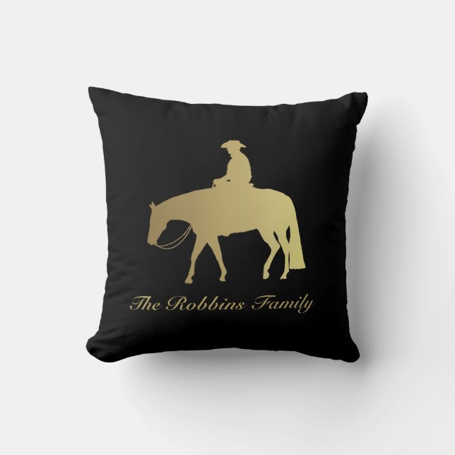 Coussin Cheval occidental d'or de plaisir sur le noir (Recto)