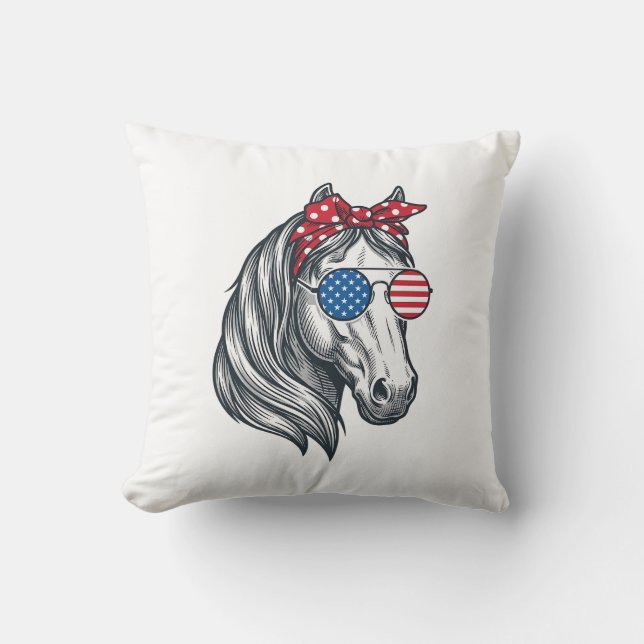 Coussin Cheval Patriotique Avec Lunettes De Soleil Drapeau (Recto)