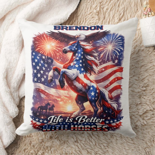 Coussin Cheval Patriotique Drapeau Américain Coucher de So (Couverture)