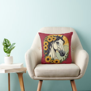 Coussin Cheval Pur-Sang et Fleurs de Rudbeckia Hirta
