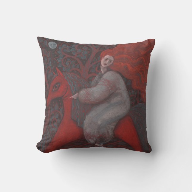 Coussin "Cheval Rouge", femme gingembre, art folklorique,  (Recto)