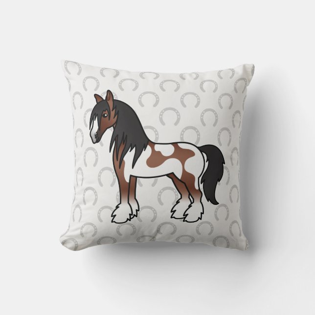 Coussin Cheval Shire Gypsy Vanner Piebalde Brun Dessin Ani (Recto)