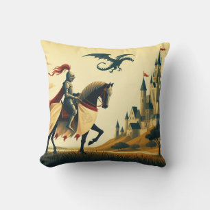 Coussin Chevalier médiéval/dragon/château fantastique