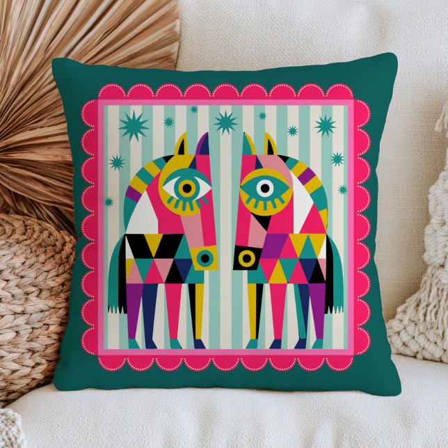 Coussin Chevaux abstraits rétro aux yeux méchants Maximali (Créateur téléchargé)