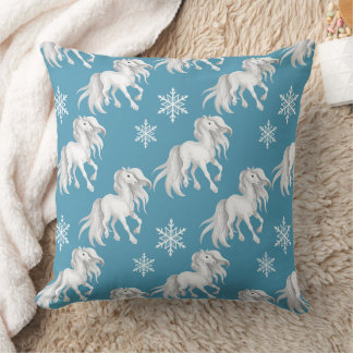 Coussin Chevaux blancs et flocons de neige Motif d'hiver s