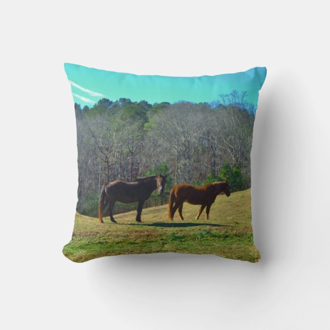 Coussin Chevaux brun foncé et brun clair disent ciel (Recto)