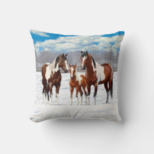 Coussin Chevaux De Peinture De Baie Pinto En Neige D'Hiver