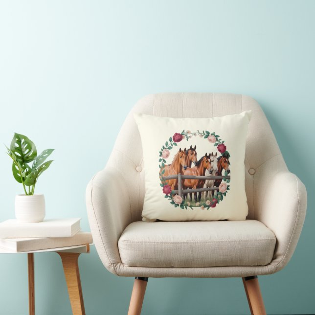 Coussin Chevaux élégants dans l'art de la couronne florale (Chaise)