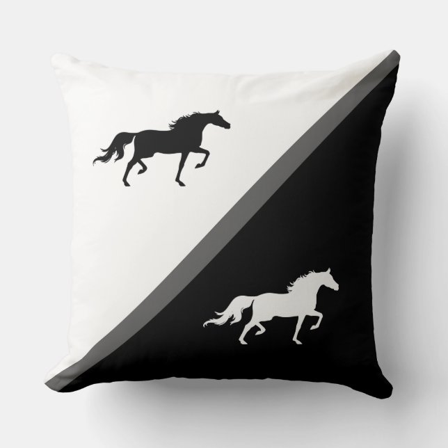 Coussin Chevaux élégants sur fond noir gris et blanc (Recto)