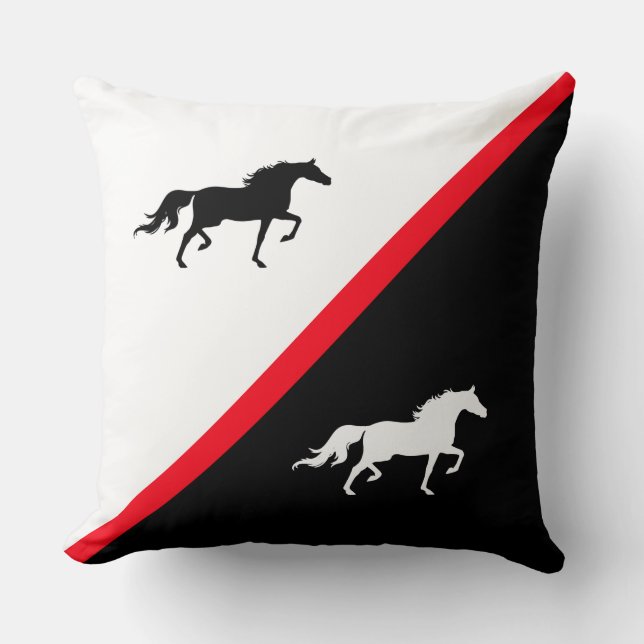 Coussin Chevaux élégants sur fond noir, rouge et blanc (Recto)