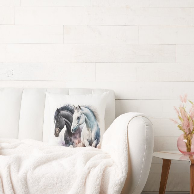 Coussin Chevaux noir et blanc en aquarelle (Canapé)