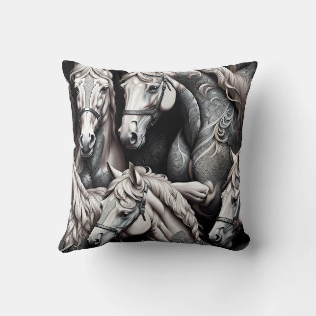 Coussin Chevaux Peinture détaillée en Art noir et blanc (Verso)