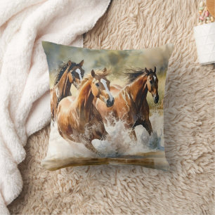 Coussin Chevaux Sauvages Courant Brun Noir Aquarelle