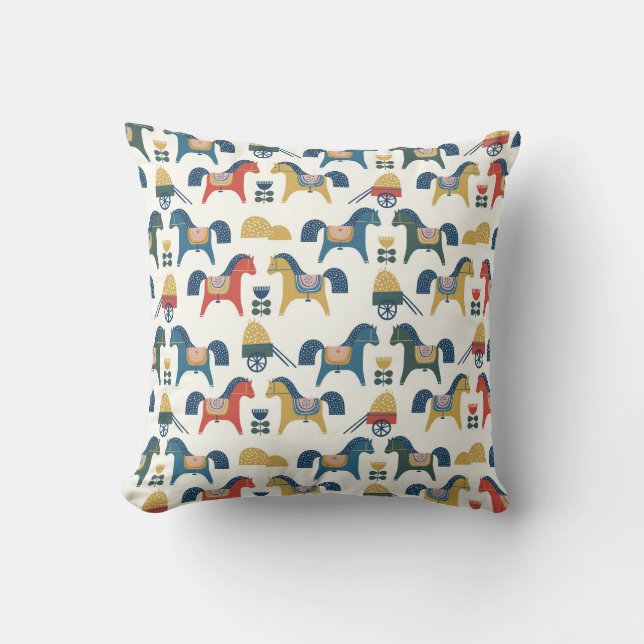 Coussin Chevaux scandinaves : Art populaire coloré (Recto)