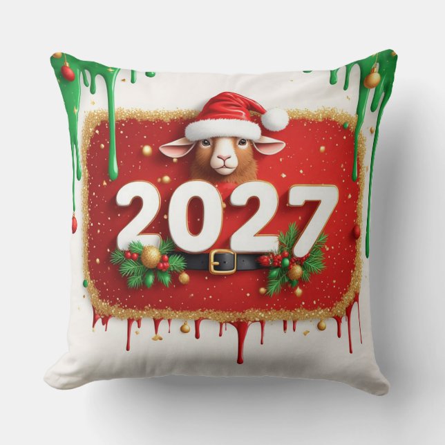 Coussin Chèvre de Noël avec Couronne de Verdure Éternelle (Recto)