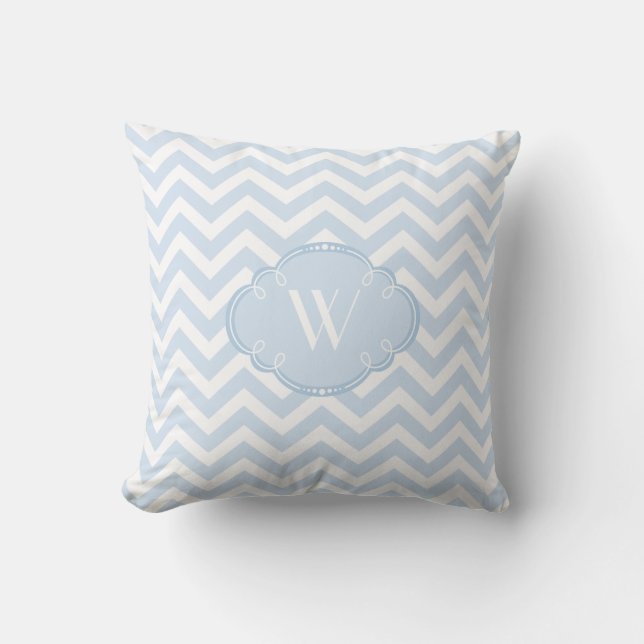 Coussin Chevron bleu et blanc avec le monogramme (Recto)