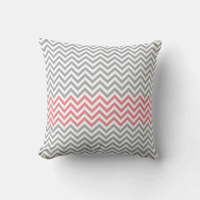 Coussin Chevron gris, blanc et de corail (Recto)