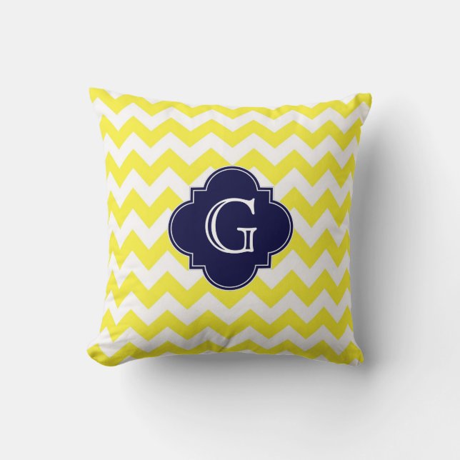 Coussin Chevron jaune blanc Bleu marine Monogramme quatref (Recto)