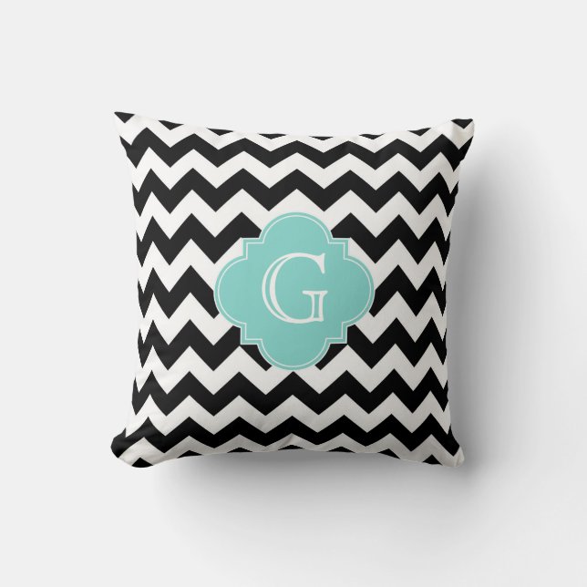 Coussin Chevron noir et blanc Monogramme Quatrefeuilles Aq (Recto)