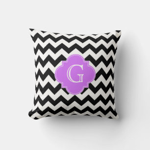 Coussin Chevron noir et blanc Monogramme Quatrefeuilles Li