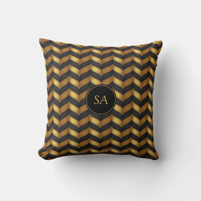 Coussin Chevron noir et doré avec monogramme personnalisé (Recto)