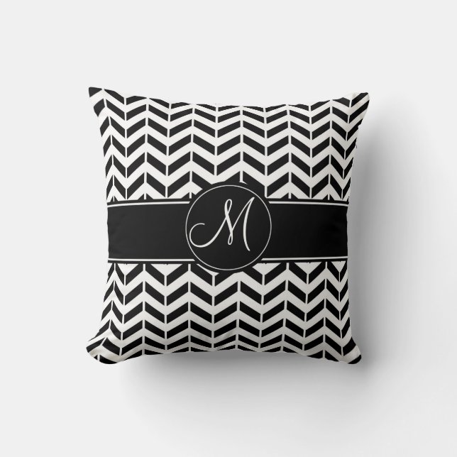 Coussin Chevron noir géométrique avec le monogramme fait (Recto)