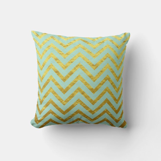 Coussin Chevron Papier Doré Motifs Bleu Turquoise Pailleté (Recto)