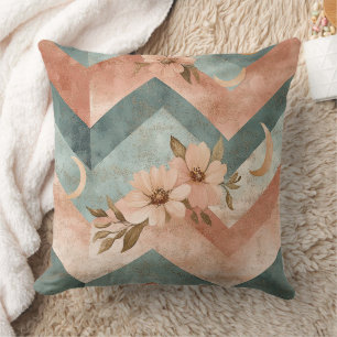 Coussin Chevron Rétro Pastel avec Fleurs et Lunes