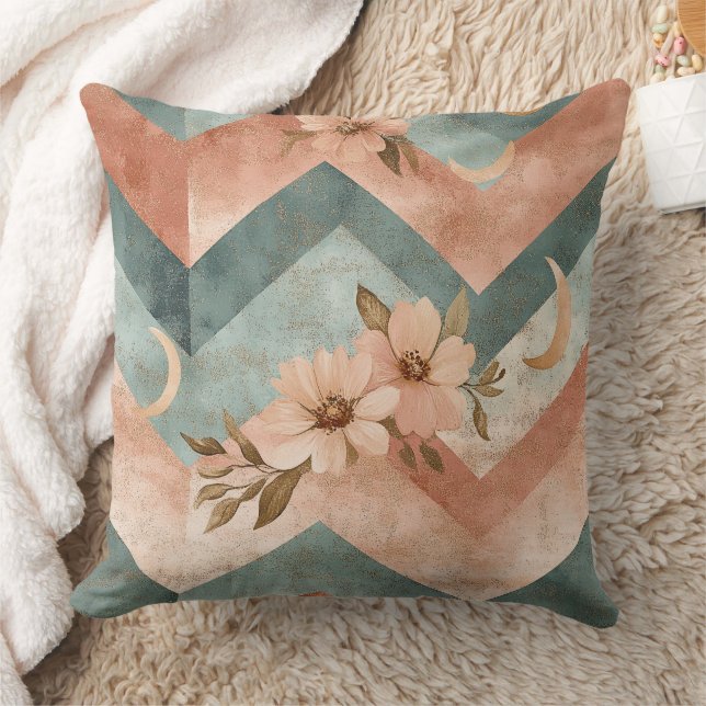 Coussin Chevron Rétro Pastel avec Fleurs et Lunes (Couverture)