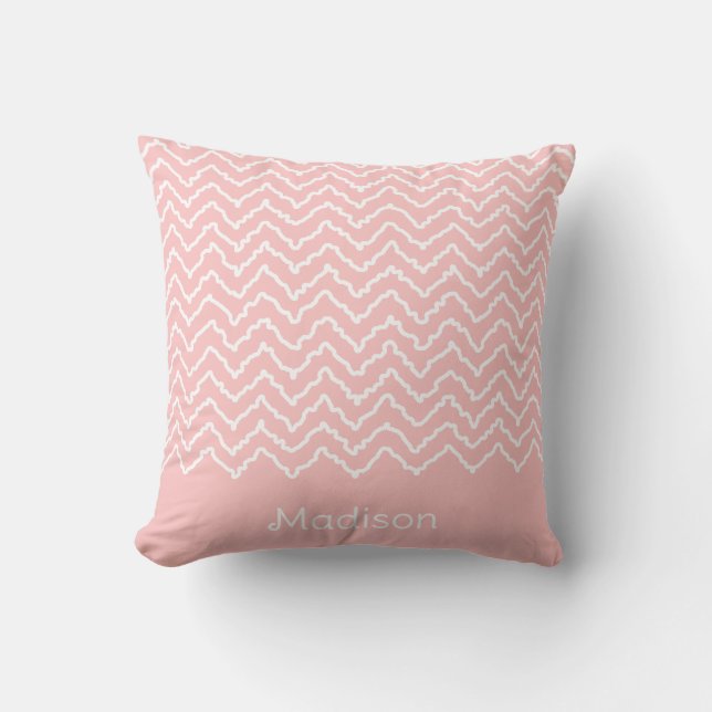 Coussin Chevron Zigzag Ondulé Rose Et Blanc Et Nom (Recto)