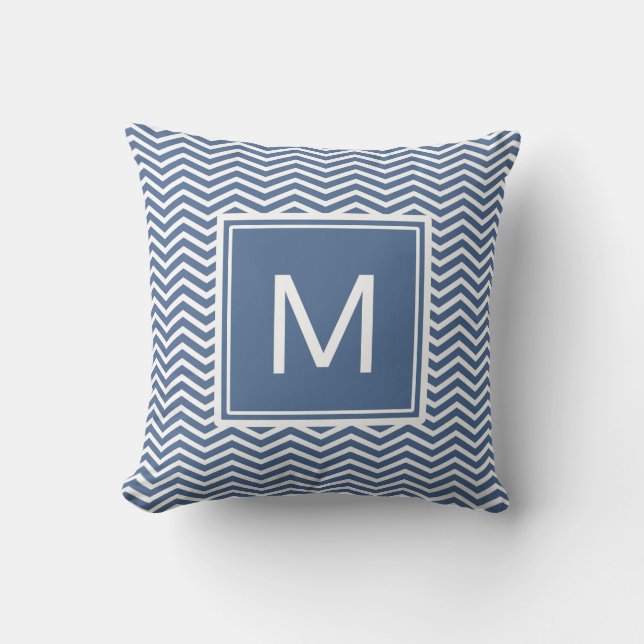 Coussin Chevrons bleu Riverside et Monogramme modernes (Recto)