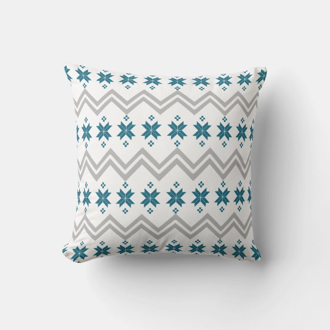 Coussin Chevrons gris d'hiver scandinave et Turquoise Nord (Recto)