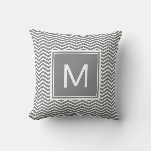 Coussin Chevrons gris et blancs modernes avec Monogramme (Recto)