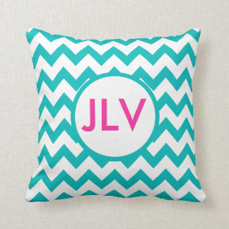 Coussin Chevrons turquoises et blancs avec le monogramme