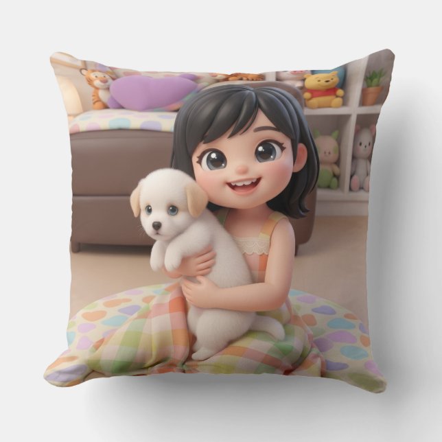 Coussin Chibi Girl Hugging White Puppy Dog Throw Pillow (Recto)