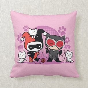 Coussin Chibi Harley Quinn & Chibi Catwoman Avec Chats