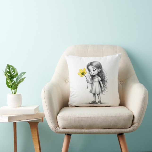 Coussin Chibi Petite Fille Avec Fleur (Chaise)