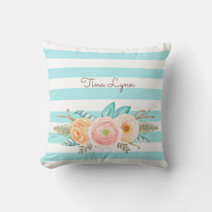 Coussin Chic Aqua Stripes Feminine Floral et nom
