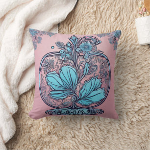 Coussin Chic Art Nouveau Turquoise Floral Vintage Rose