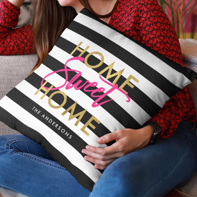 Coussin Chic Black & White Stripes Gold Home Sweet Home (Créateur téléchargé)