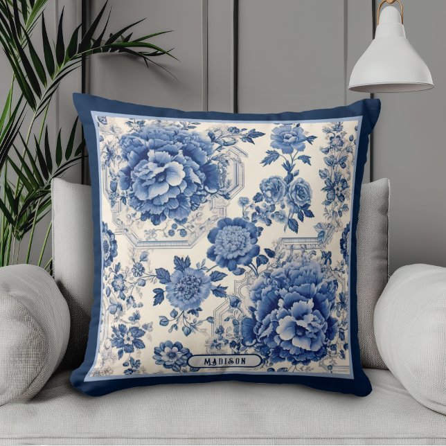 Coussin Chic Bleu blanc à fleurs chinoiserie toile monogra (Créateur téléchargé)