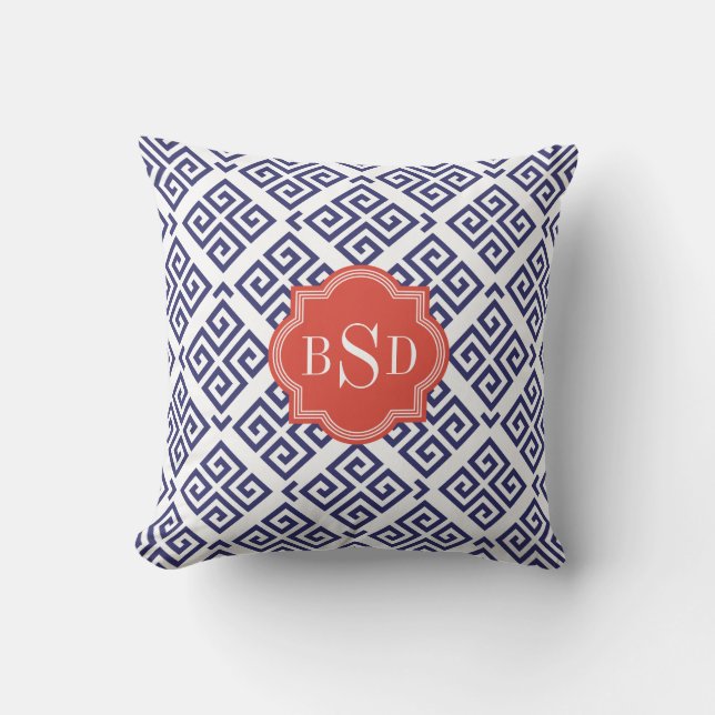 Coussin Chic bleu grec clé motif géométrique monogramme (Recto)